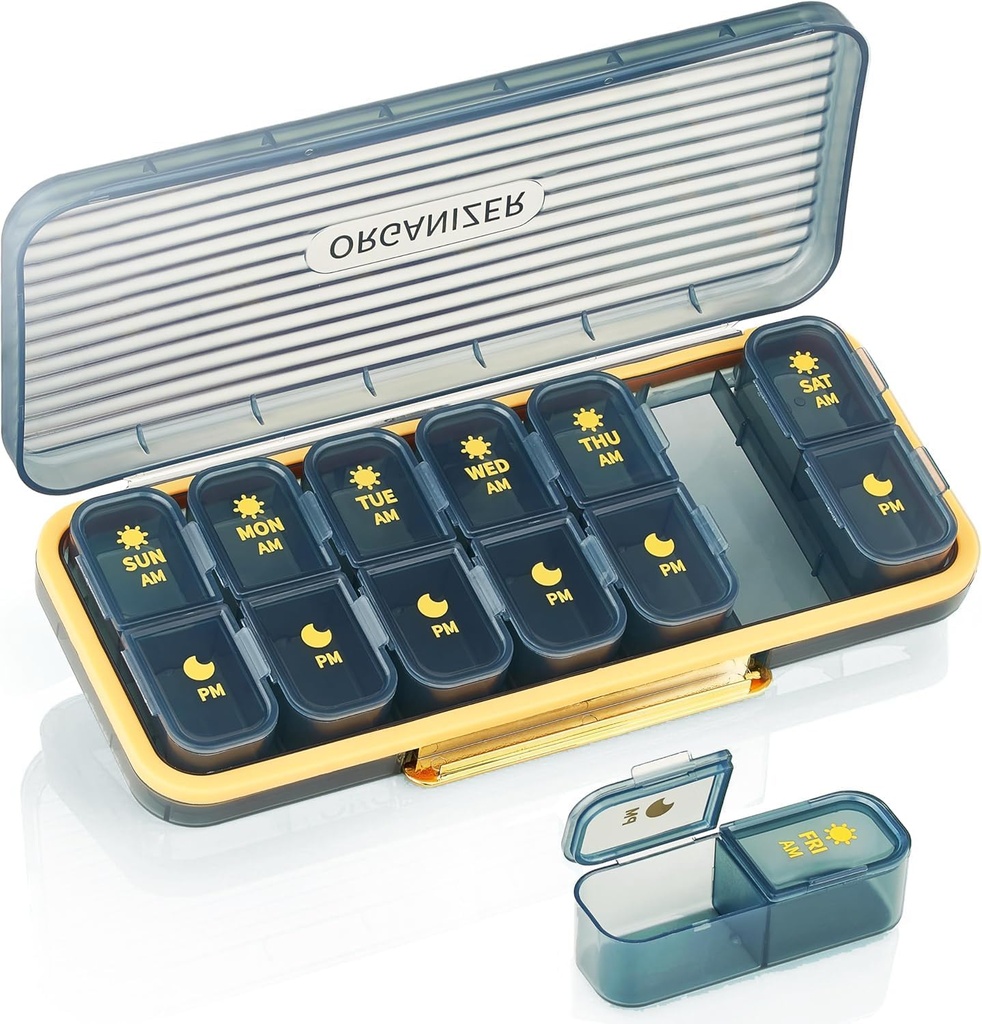 Týdenní porce Organizátor 2 krát denně - Pill Case Am Pm - Travel Pill Box 7 Daily Přenosný vitamín Kontejner Estetická medicína Dipenser se 7 Samostatné kompartmenty Ranní noční doplněk Držák