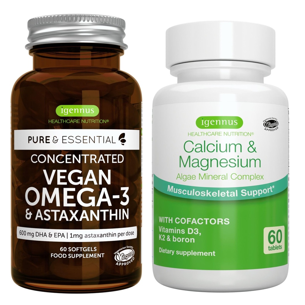 Vegan Omega-3 + komplex vápníku a hořčíku Vegan Bundle, Udržitelné EPA & DHA Algae Oil 1340mg + 2: 1 Rostlinné řasy Minerální komplex, Igennus