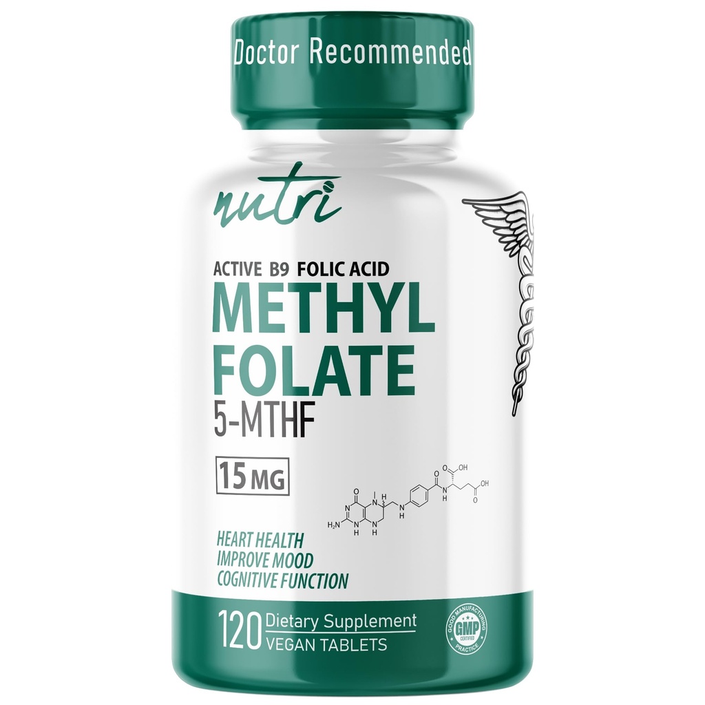 Nutri 5-MTHF L Methylfolát 15MG - 4 měsíční dodávky, 120 Vegan Tablety - Methylovaný doplněk folátu - Cognitive Function, Heart Health, Prenatal Support - 3. strana testována - NSF Certified Facility