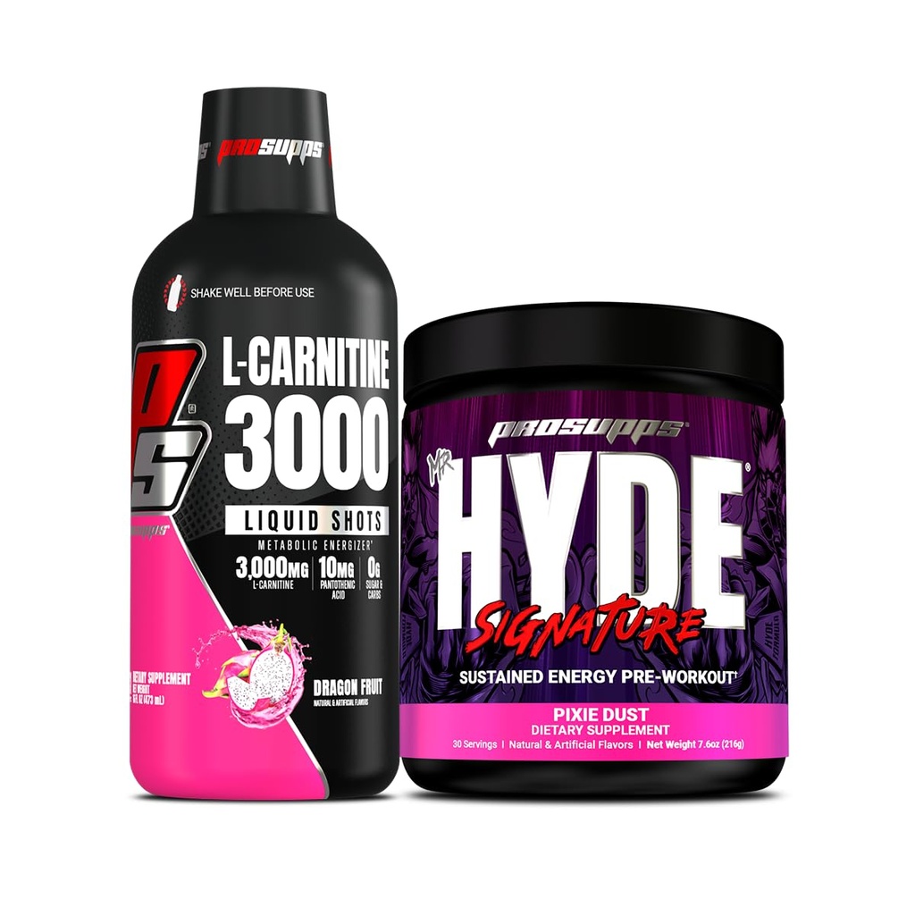 PROSUPPS L- karnitin 3000 Stimulant Volný tekuté výstřely (31 Servings, Dragon Fruit) a pan Hyde Signature Series Pre- Workout Energy Powerded Drink (30 Servings, Pixie Prach) Bundle