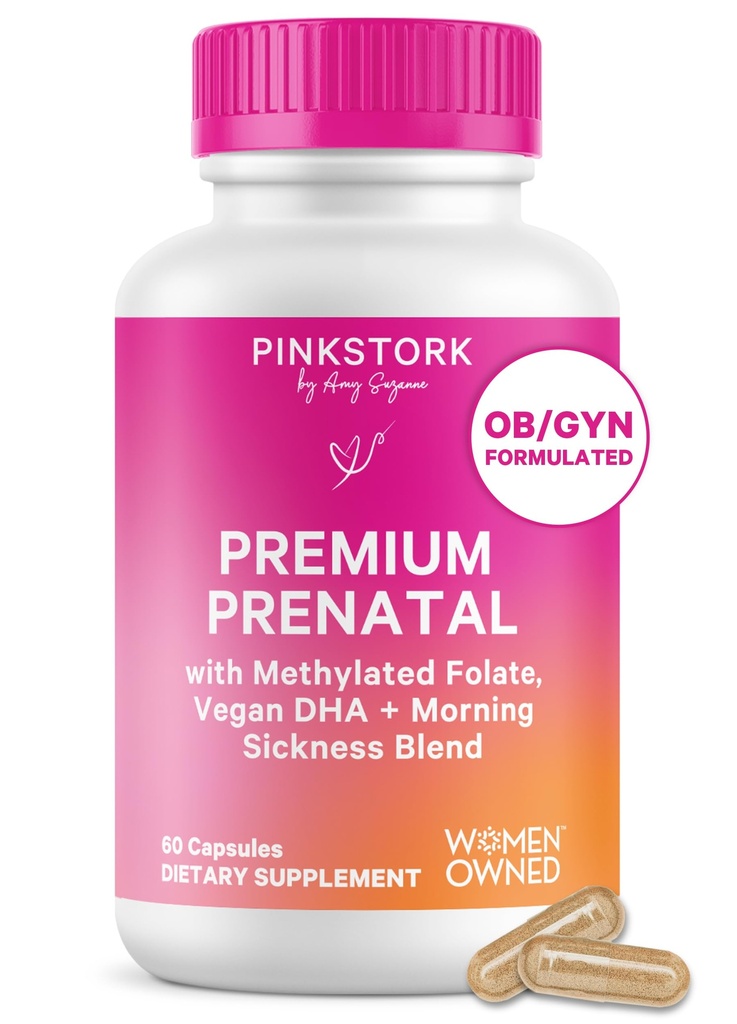 Pink Stork Premium Prenatal Vitamin pro ženy - Organic Whole-Food Ingredients, Multivitamin & Probiotika - Ranní nemoc, Digestion, & Energy - Folát, B6, & Železo - 60 Kapsle