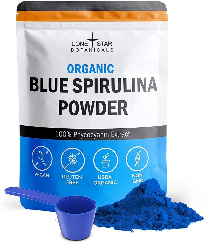 Lone Star Botanicals Organic Blue Spirulina Powder - 100% čisté modro-zelené řasy, No Fishy Smell, Vegan Superfood for Smoothies & Drinks, Non GMO, gluten- Free, Vegan