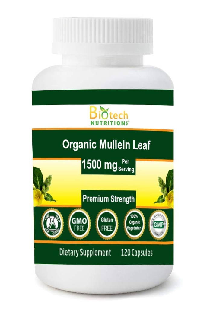 Organic Mullein Leaf 1500 mg Serving 120 Zeleninové kapsle Made in USA