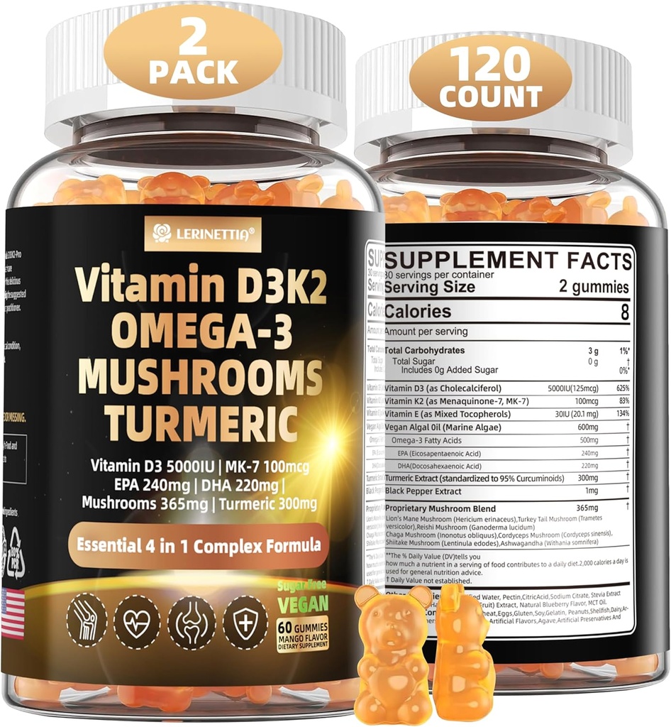 Vitamin D3 5000iu (125mcg) + Vitamin K2 (MK7) Gummie s řasou Omega 3 glic124; Maximální síla Vitamin D3 + K2 glic124; pro kosti, zuby, energie, imunitní, absorpce vápníku - Vegan, bez cukru, 120Ct