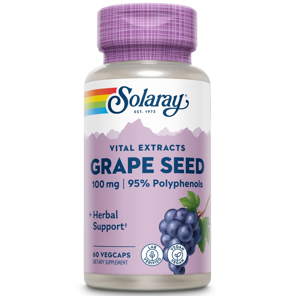 SOLARAY Grape Seed Extract 100 mg Plus Bioflavonoidní komplex 124; Zdravá kardiovaskulární a krevní plavidla Podpora 124; 60 VegCaps