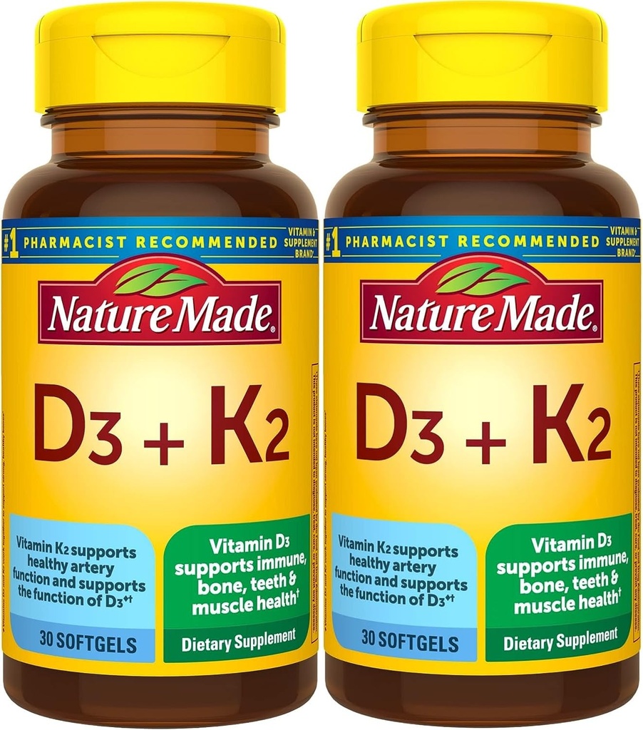 Nature Made Vitamin D3 K2, 5000 IU (125 mcg) Vitamin D, dodatek stravy pro kosti, zuby, svalová a imunitní podpora zdraví, 30 Softgels, 30 Day Supply - Balení 2