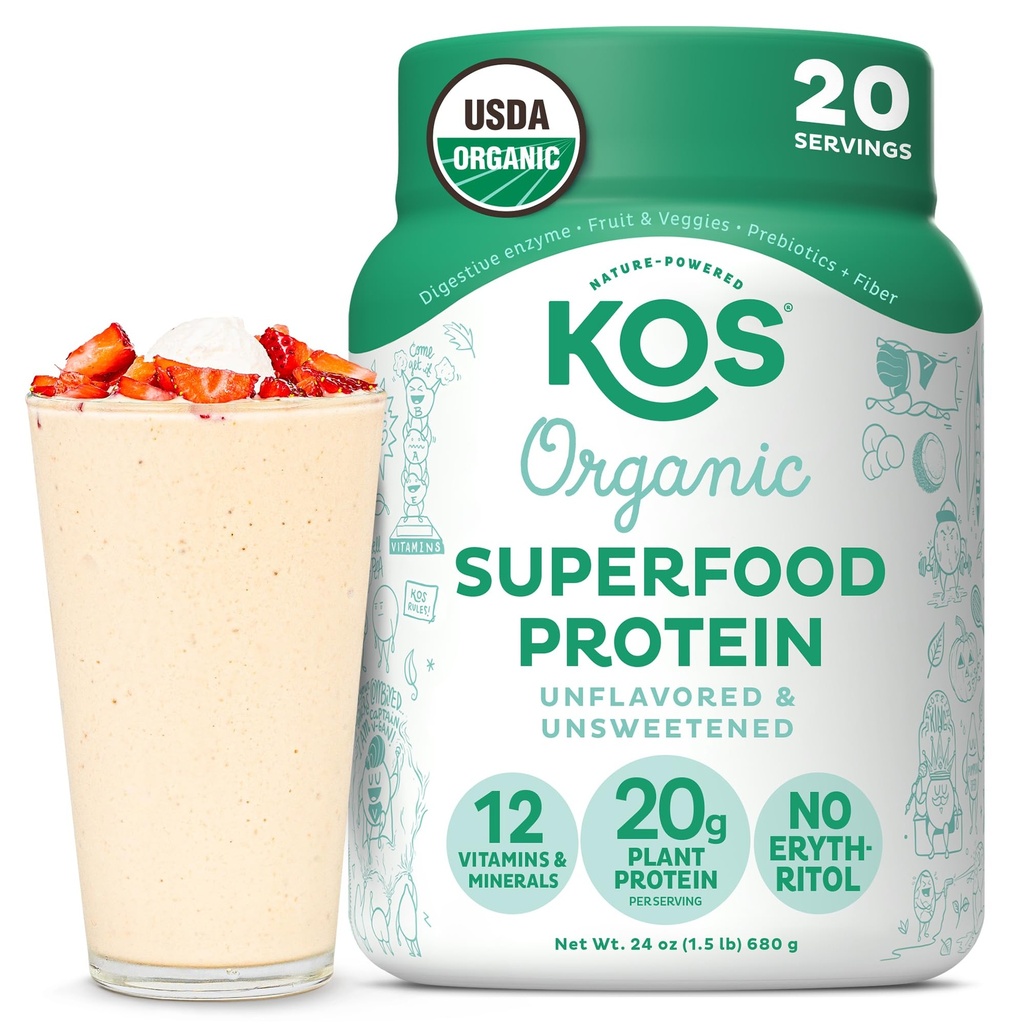 Kos Vegan Protein Powder, Neochucené a neslazené - Nízké krmné Pea Protein Blend, Organic Superfood Bohaté na vitamíny a minerály - Keto, Soy, mléčné výrobky zdarma - Jídelní náhrady pro ženy a muže - 20 Služeb