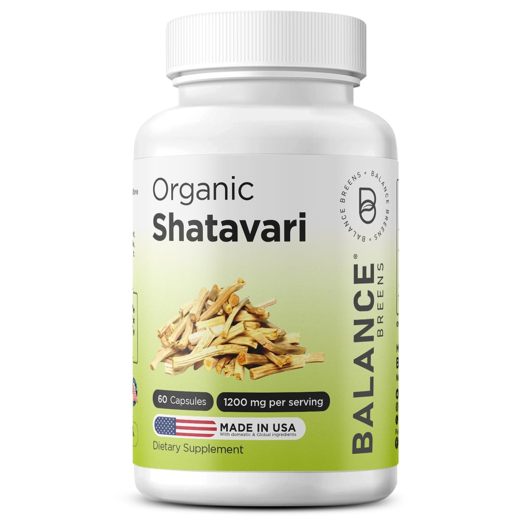 Organic Shatavari 1200mg, 60 Kapsle - Kojení Podpora vitamínů, Hormonální rovnováha pro ženy, Chřest Racemosus Root