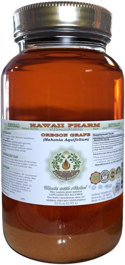 Hawaii Pharm Oregon Grape Alcohol- Free Liquid Extract, Oregon Grape (Mahonia aquifolium) Sušený Root Glycerite přírodní bylinný dodatek, USA 32 fl.oz