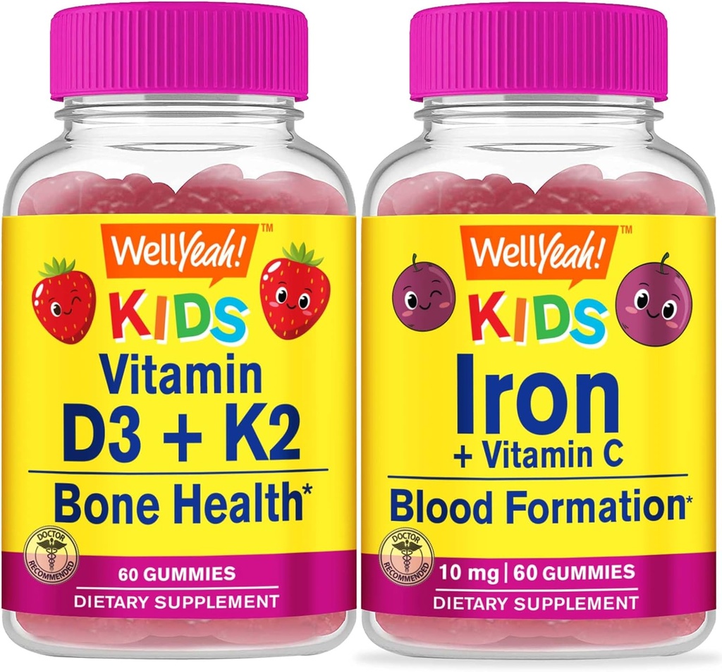 WellYeah Vitamin D3 + K2 Děti + Železo + Vitamin C Děti, Gummies Bundle - Velký Ochutnávka, Vitamin dodatek, Lepek zdarma, GMO zdarma, Žvýkací Gummy