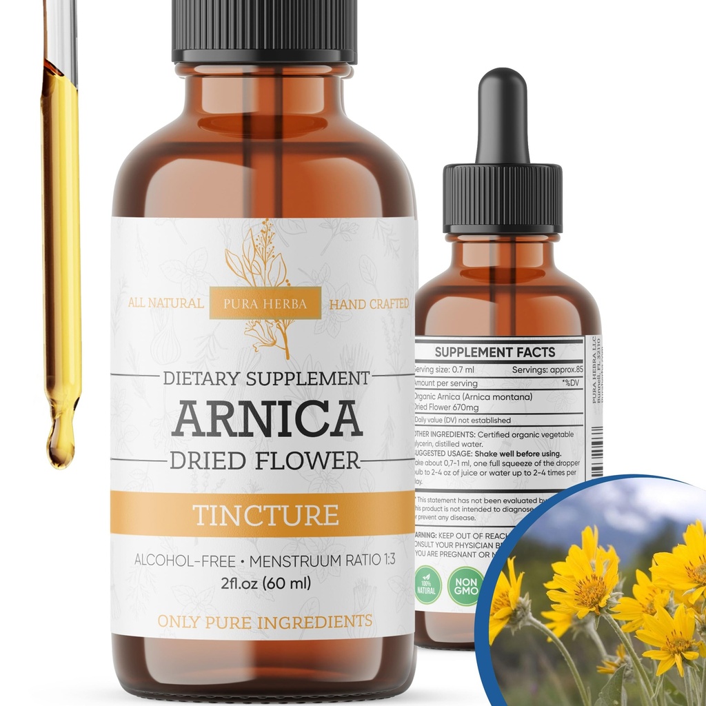 Arnica Liquid Extract - Alcohol- Free, Vegan, podporuje Muscle Recovery & Joint Comfort, Fast- Absorbing Tincture, Made in USA - 2 Fl Oz
