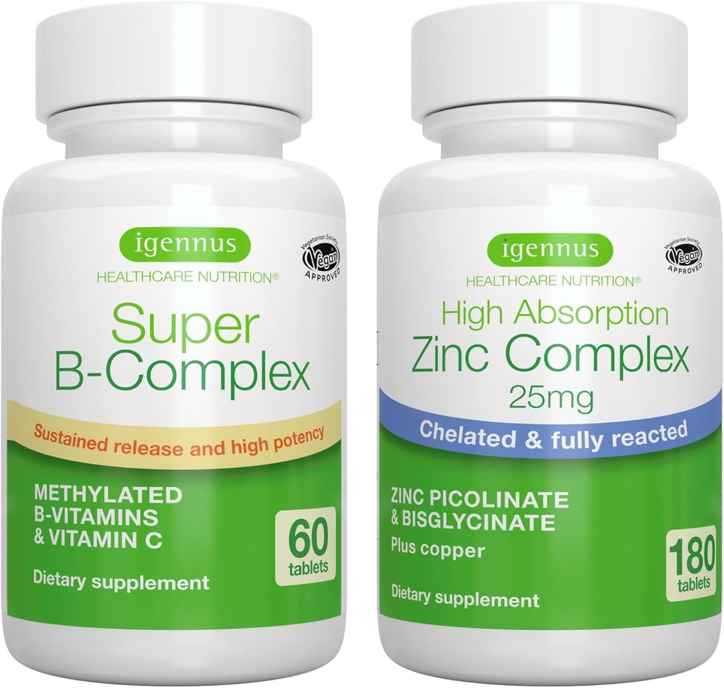 Super B- Complex + Zink Complex Vegan Bundle, Methyled Setrvalá release B Complex + 25mg Chelated Zinc Picolinate & Bisglycinát with Copper, by Igennus
