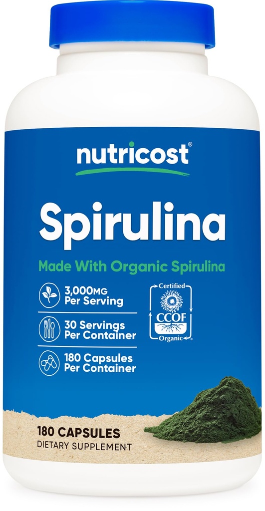 Nutricost Spirulina 3,000mg, 180 Kapsle pro 30 Služeb - CCOF Certified Made with Organic Spirulina, gluten Free, Vegetarian