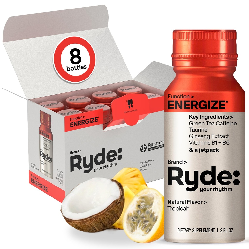 Ryde: Energize Shot 124; Tropical Flavor OF 124; Green Tea Caffeine, Taurin, Ginseng Extract & B Vitamíny 124; 0 Calories, 0 Cukr 124; 2 FL OZ Shots OZ Shots 124; Zvyšuje energii * (8 Pack)