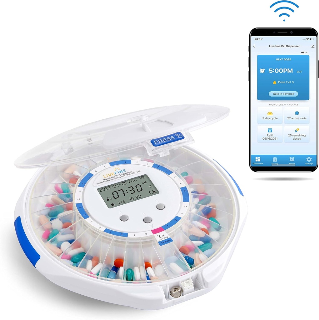 Live Fine Smart WiFi Automatické Pill Dipenser Clear Lid 124; 28- Day Medication Organizátor až 9 dávek za den pro sledování péče s Lock Key, Light / Zvukové alarmy pro prescriptions & Vitamíny