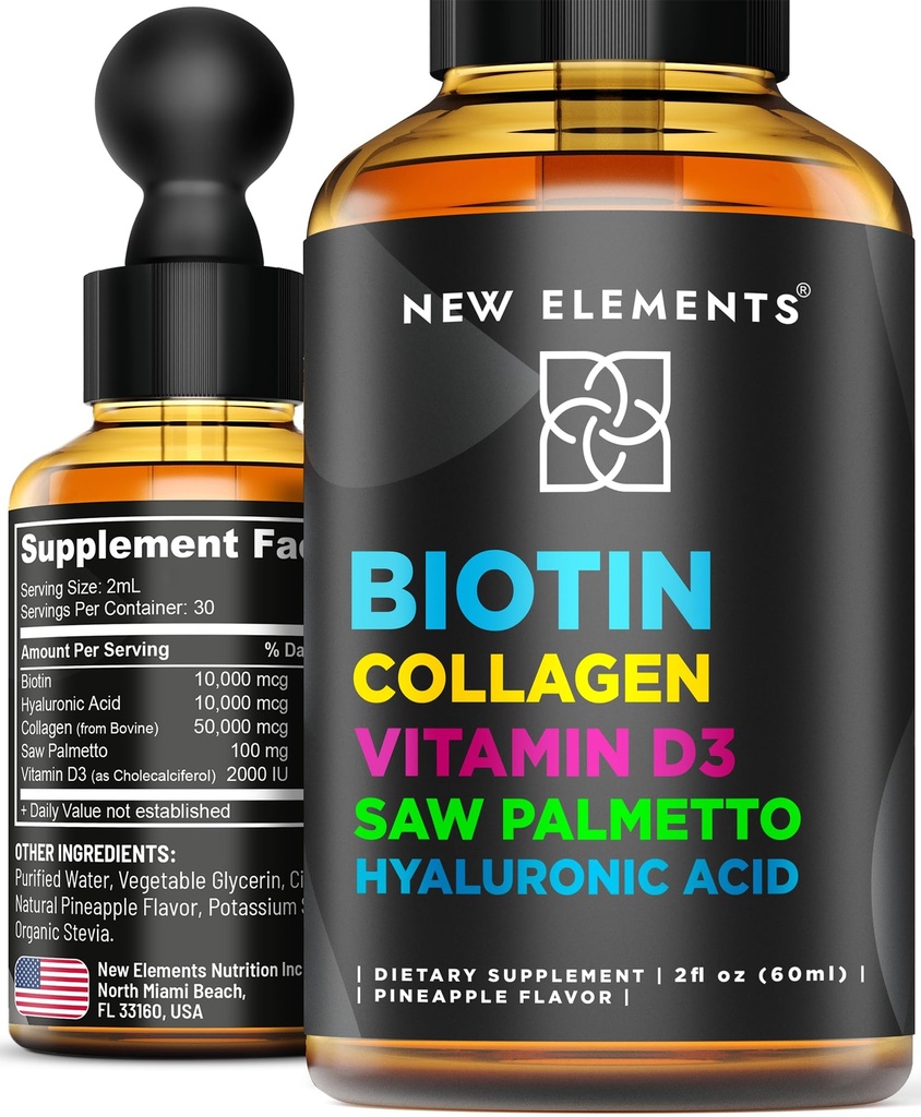 Tekutý biotin pro růst vlasů ženy & muži 10000mcg colum124; Biotin a kolagen doplňky s pilou Palmetto & Hyaluronic kyseliny colum124; Biotin kapky pro růst vlasů s vitamínem D3 pro vlasy kůže a nehty