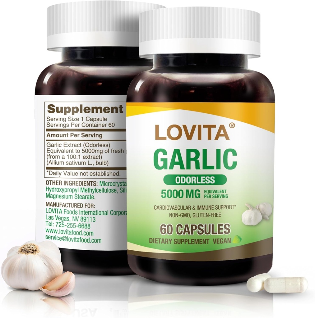 Lovita Odorless Česnek Kapsle, 5000mg Čerstvý Česnek Ekvivalentní, 1.25% Allicin Extract, Podporuje srdce, krevní tlak, Cholesterol & imunitní systém, Non- GMO, gluten- Free, 60 Vegan Kapsle
