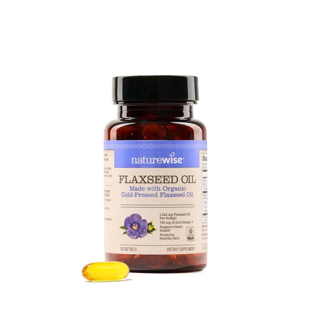 NatureWise Flaxseed Oil 1200 mg, Fish Free Omega 3 6 9 with 720mg ALA, Dietní dodatek pro podporu zdraví srdce - Organic, Cold Pressed, Non-GMO - 30 Softgels [1-Month Supply]