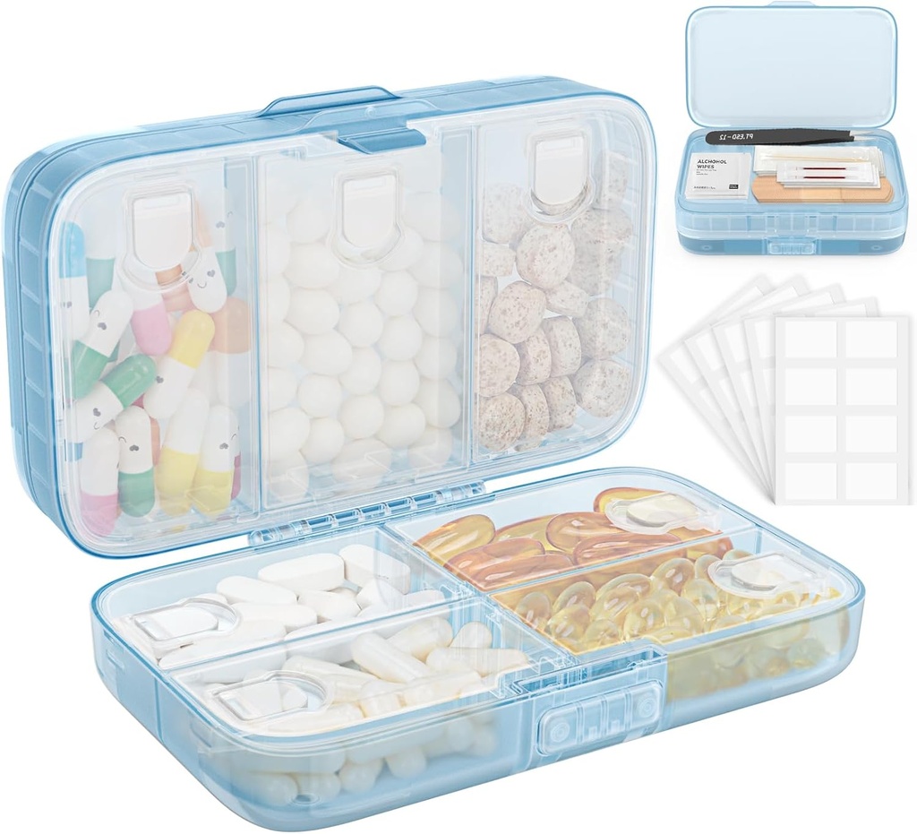 Týdenní porce organizátor s etiketami, 8 Compartments Travel Daily Pill Pouzdro vzduchotěsné Moistureproof Velké Pill Box držet vitaminy, rybí olej, doplňky, bavlněné swab a bandages- Blue