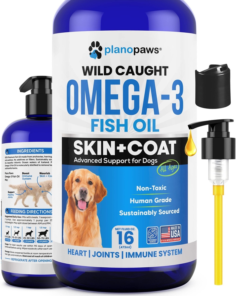 Omega 3 Rybí olej pro psy - Lepší než losos olej pro psy - Dog Fish Oil Supplemente - Snižte vypouštění & Svědění - Podporuje spojky, mozek, Heart Health - Dog Skin and Coat Supplement - Rybí olej Liquid