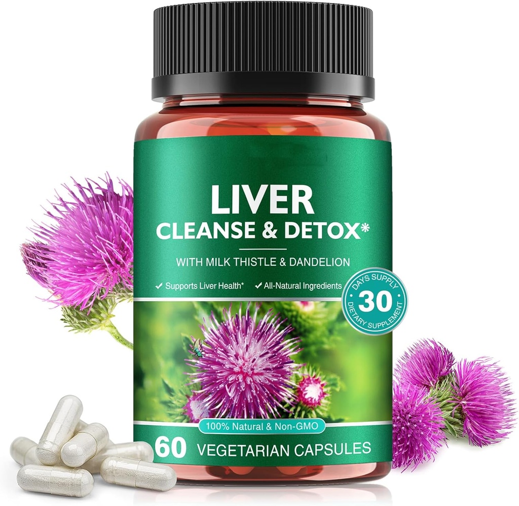Játra čisticí a detox pilulky pro jaterní zdraví - s Mlékem Thistle Extract, Pampeliška kořenová, Zázvor, Beetroot prášek & Vitamíny - Přírodní Podpora jater, 60 Vegan Kapsle
