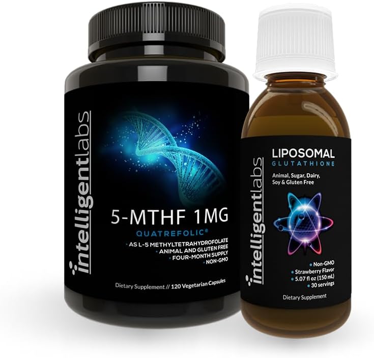 Inteligentní Labs 2- in-1 Bundle 500MG Lipozomální glutathion (Liquid Antioxidant Supplemente) a 1MG 5-MTHF Methylfolát jako Quatrefolová kyselina ® (MTHFR dodatek pro metylační podporu)