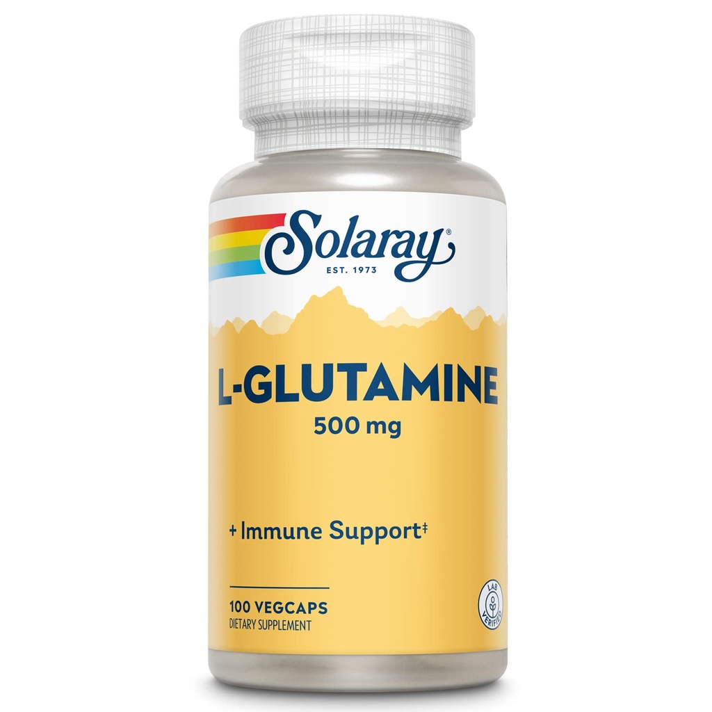 SOLARAY L Glutamin Kapsle 500 mg - Imunitní podpůrný dodatek - Aminová kyselina zdarma - Laboratorní ověřená, 60denní záruka vrácení peněz - 100 Služeb, 100 VegCaps