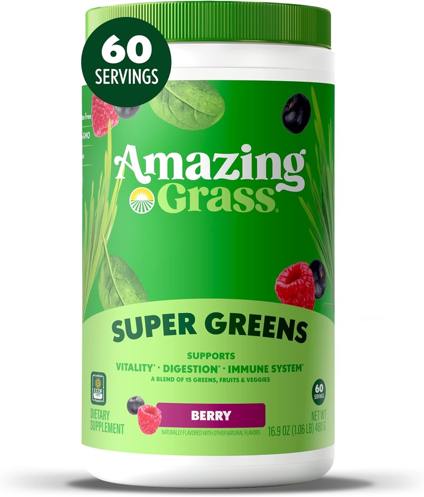 Amazing Grass Greens Blend Superfood: Super Green Powder Smoothie Mix s Spirulina, Chlorella, Beet Root Powder, Digestive Enzymes & Probiotics, Berry, 60 Servings (Balení května Vary)