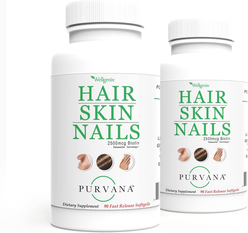 Wellgenix Purvana Vlasy, kůže a nehty Vitamin Softgels pro vysokou absorpci - Dvojitá síla 2500mcg Biotin, VIT A & B (90 Počet) 2 Pack