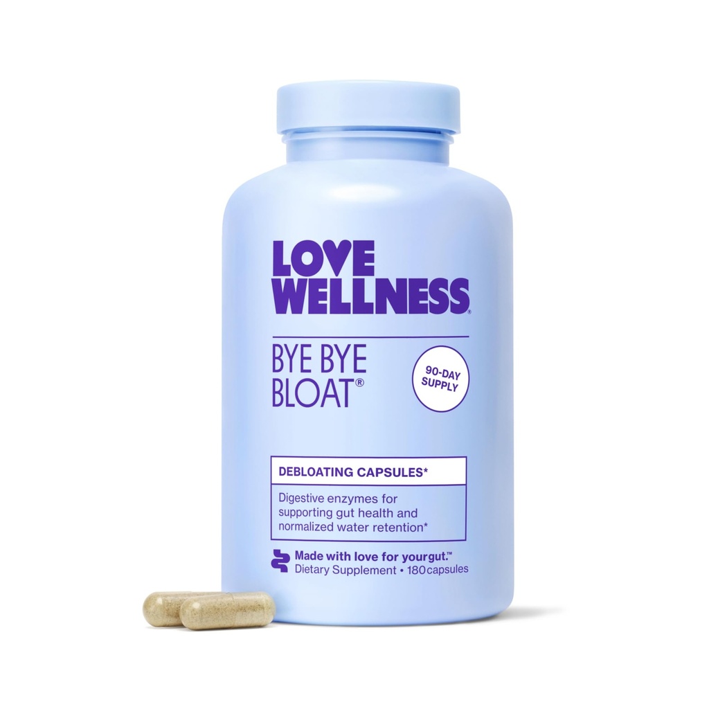 Love Wellness Bye Bloat, Digestive Enzymy CLAS124; Bloating Relief for Women CLAS124; Nápověda snížit úlevu od plynu a zadržování vody CLAS124; Podporuje stravitelné zdraví s Fenugreek & Pampelion CLAS124; 180 Počet