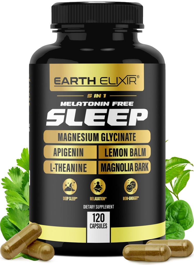 Zemní elixír 4- in-1 Spánková pomůcka (120 kaps) w / Apigenin 50mg, Magnesium Glycinát 200mg, L Theanine 200mg & Valerian Root for Sleep Aid 300mg Apigenin 124; Apigenin dodatek pro spánek 124; Prášky na spaní