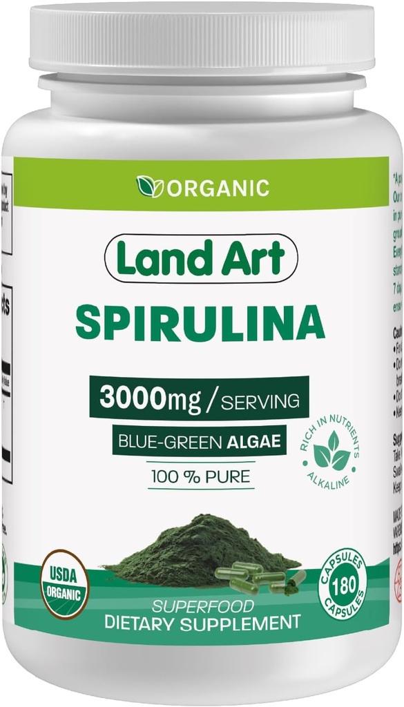 Land Art Certified Organic Spirulina - 180 Kapsle - Superfoods - Bohaté na minerály, vitamíny a proteiny - Vegan