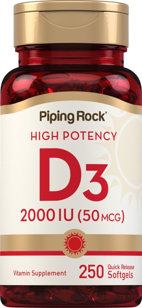 Piping Rock Vitamin D3 2000 IU PHARMAN124; 250 Softgels PHARMAN124; High potency PHARMAND124; Cholekalciferol Supplement PHARMAN124; Non- GMO, gluten zdarma