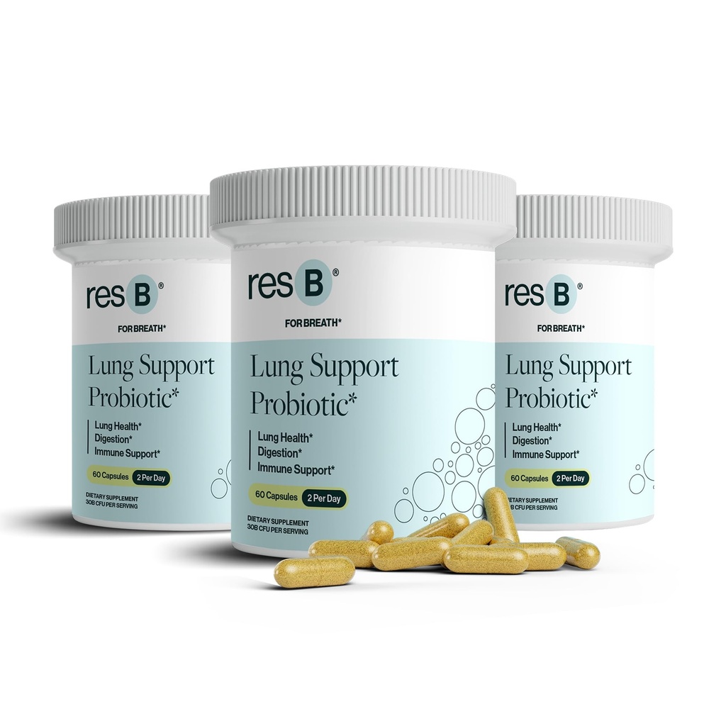 resbiotický reSB Lung Support Probiotický dodatek - Lung Health dodatek pro kuřáky, Gut Health, Imunitní podpora, Respirační péče, svatý bazalka, kurkuma, Klinicky hodnocené - 180 Kapsle (3 láhve)