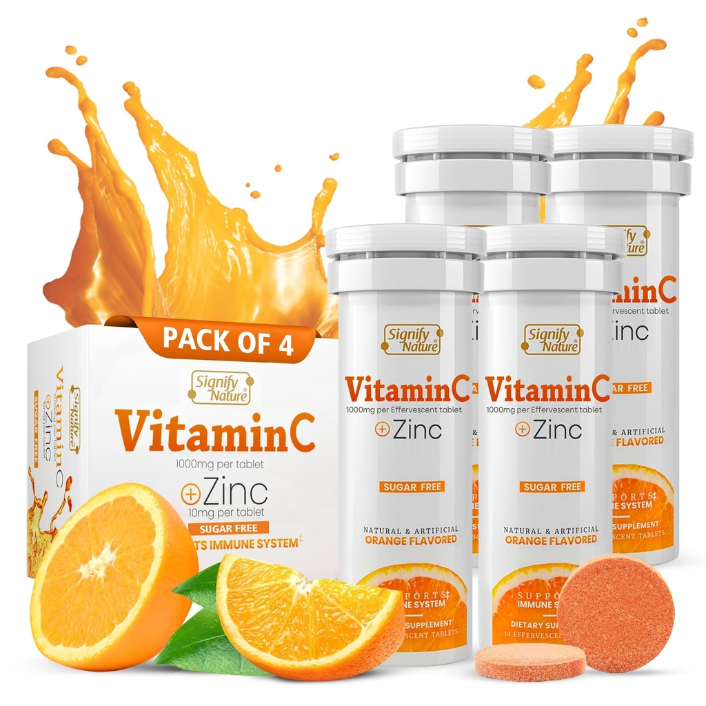 SIGNIFY NATURE Vitamin C 1000mg Effervescent Tablety - Potenciální imunitní podpora VIT C s doplňkem zinku - Sugar- Free & Vegan Formule 124; Rozpustné vitamíny C Tablety - Voda rozpustný Fizzy Elixir - 40CT