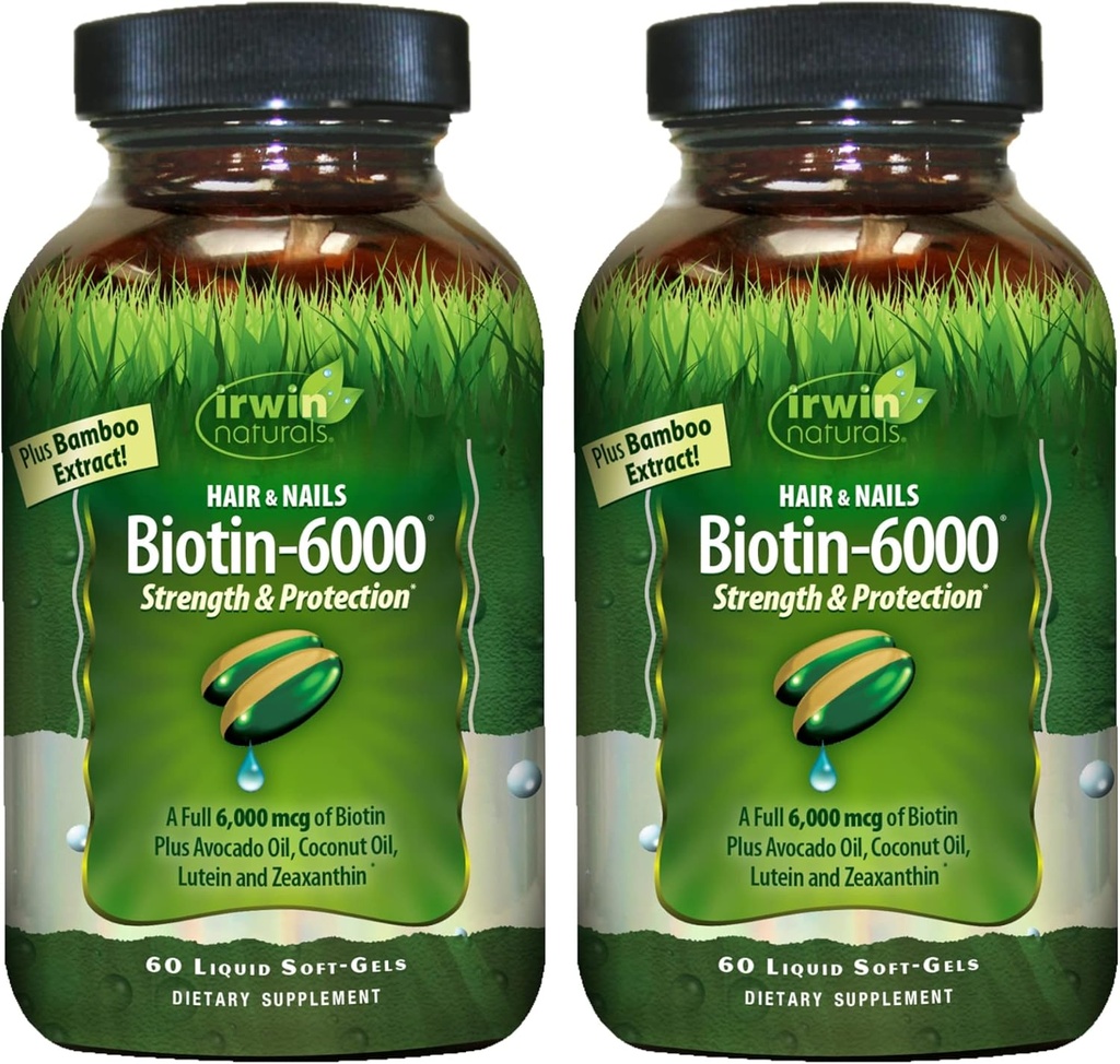 Irwin Naturals Biotin- 6000-60 Tekuté Soft-Gels, Balení 2 - Podporuje sílu a ochranu vlasů a hřebíků - s Avocado Oil, Kokosový olej, Lutein & Zeaxanthin - 60 Celkem služby