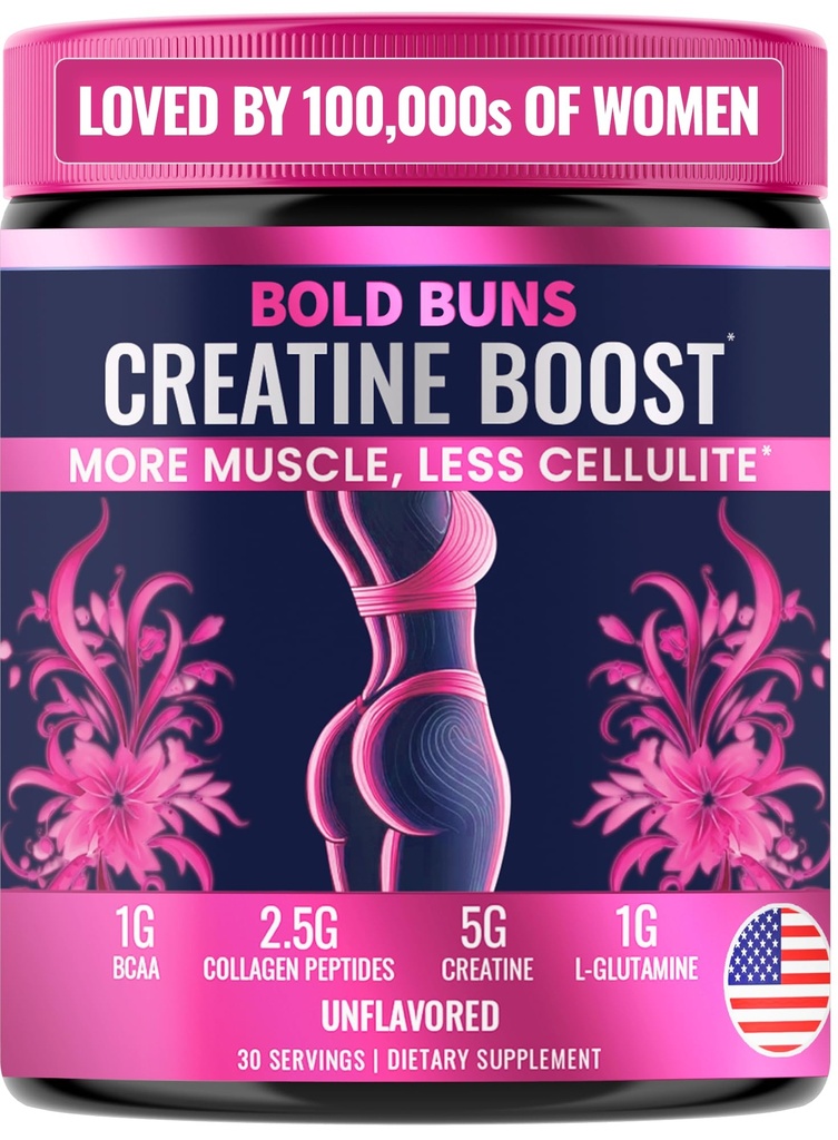 Bold Buns Creatine pro ženy - Booty Builder dodatek s Collagen & BCAA - Podporuje vývoj svalů, Post- cvičení zotavení, pokožka elasticita, zdravé vlasy a nehty 124; Neochucené - 30 Služeb