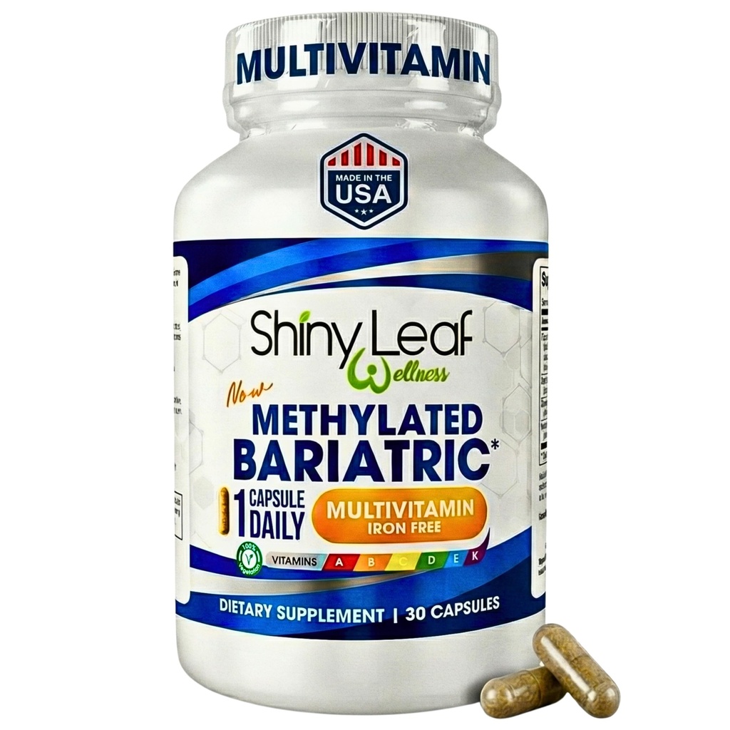 Shiny Leaf Bariatric Multivitamin Without Iron - Vitamíny pro Gastric Bypass & Sleeve, 1 denní kapsle W Vitamin A, C, D, Biotin, Zinek, B12, K, Vegetarian, Soy- Free, GMP Cert., Made in USA (30 Ct.)