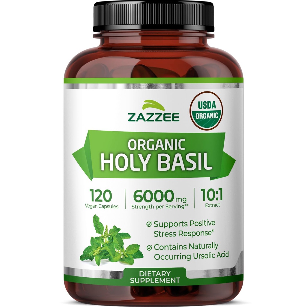 Zazzee USDA Organic Holy Basil 10: 1 Extract, 6000 mg Síla, 120 Vegan Kapsle, Koncentrované a standardizované 10X Tulsi Extract, Ursolic Acid, 100% Certified Organic, Non- GMO