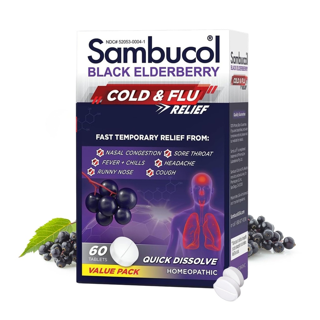 Sambucol Cold and Flu Relief Tablety - Homeopatická studená medicína, Cold Remedy pro dospělé, Black Elderberry pro nachlazení, Zinek Cold Remedy - 60 Počet