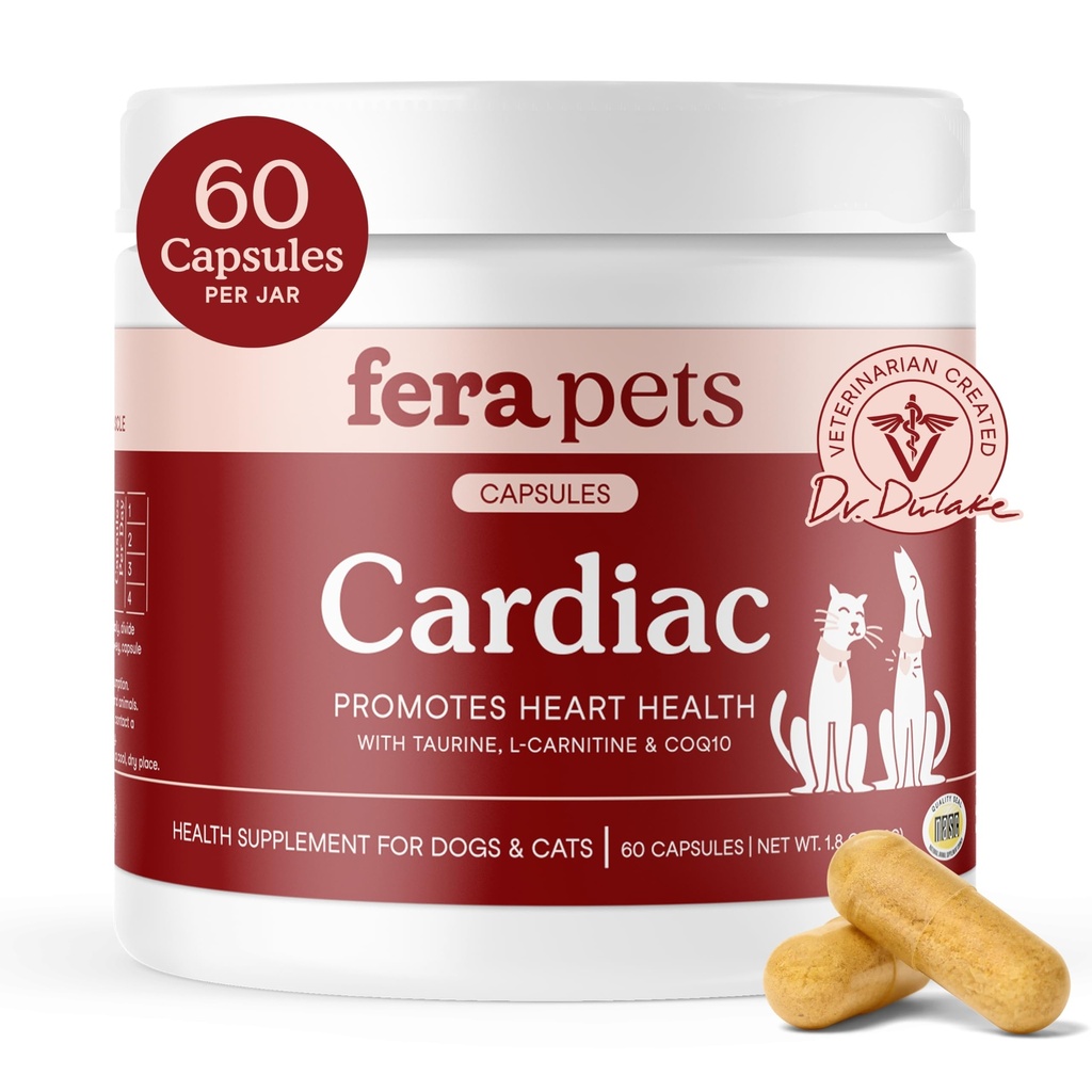 Fera Domací zvířata Srdeční Podpora - Cat & Dog Heart Dodatek s Taurin, L- Carnitin, & CoQ10 - Promotes Normální oběh a tlukot srdce - 60 Kapsle