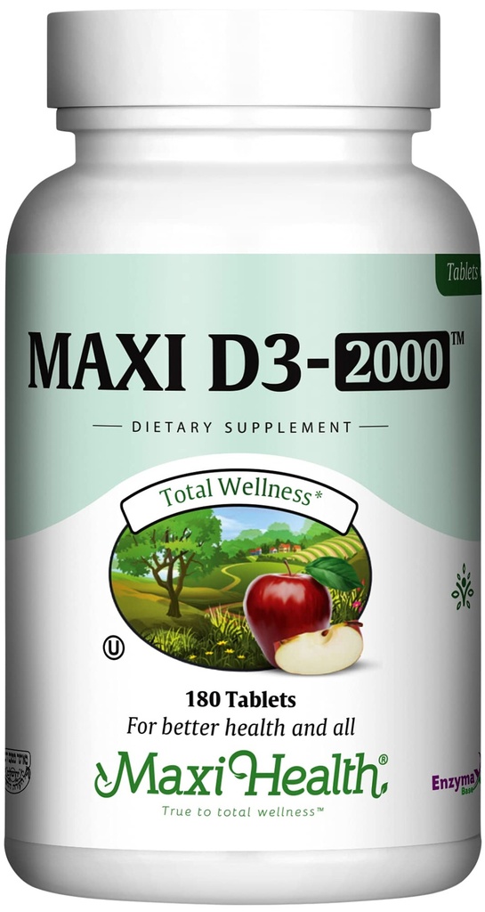 Maxi Health Kosher Vitamin D3 2000IU - Vysoce absorbovatelné vitamíny D doplňky pro zdravou imunitní odpověď, absorpce vápníku, zuby a zdraví kostí - D3 Vitamin 2000 IU - 180 tablet