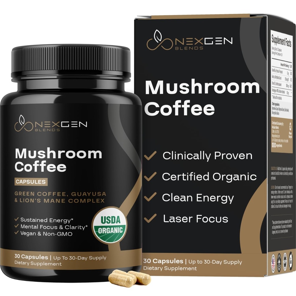 100% organické houby kávové kapsle - přírodní energie doplněk s 130mg kofeinu z Klinicky osvědčené patentované zelené kávy Bean & Guayusa Extracts pro Jitter- Free Energy & Focus (30 Servings)