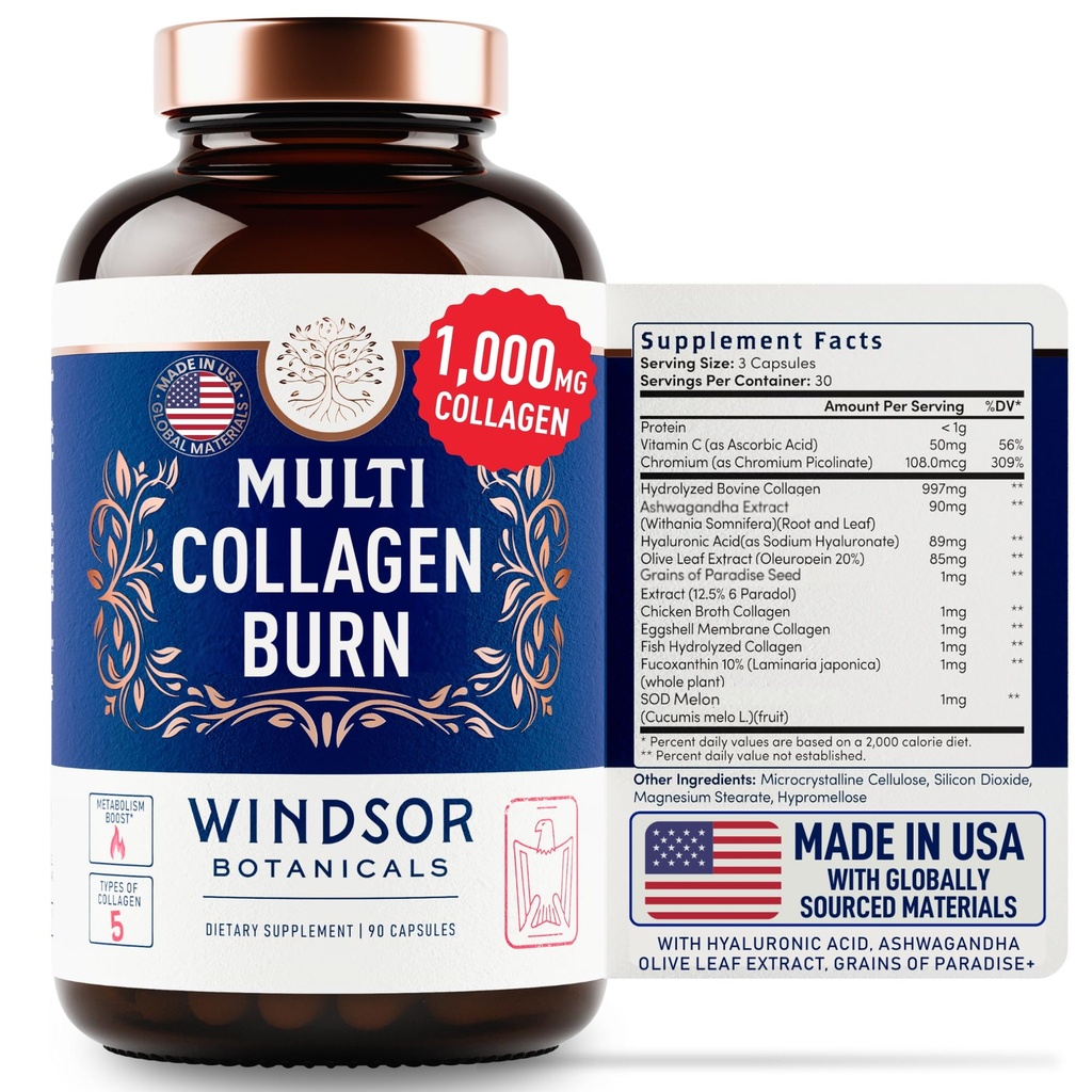 Termogenní vícekolagenové spalovací kapsle - Hydrolyzované vícekolagenové komplexy typů I, II, III, V, X, Marine Collagen, Hyaluronic Acid - Krása a antiaging doplněk pro ženy a muže - 90 pilulky