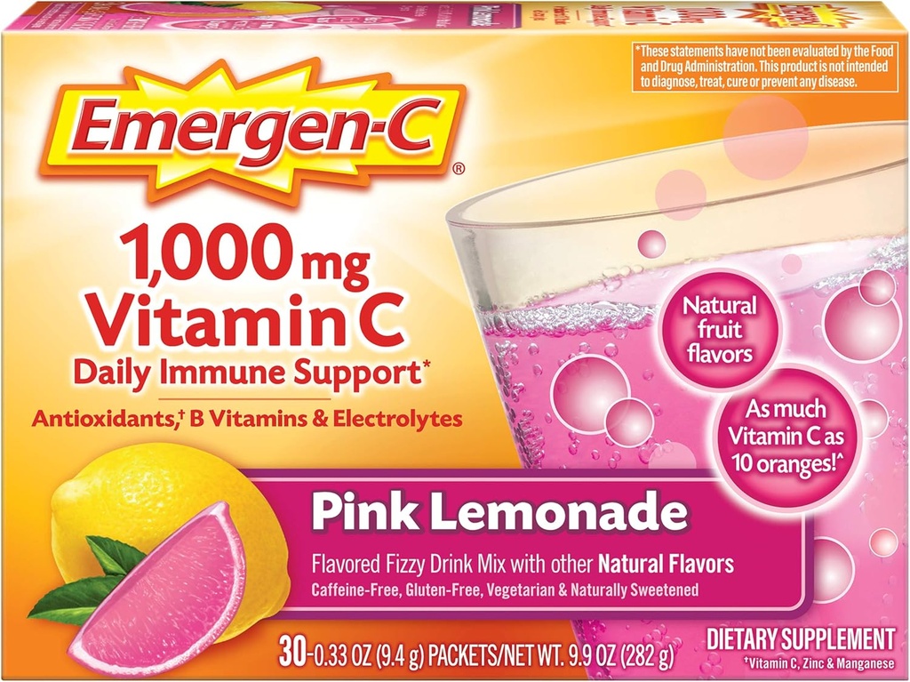 Emergen- C 1000mg vitamín C prášek, s antioxidanty, B vitaminy a elektrolyty, Imunity doplňky pro imunitní podporu, Kofein Free Fizzy Drink Mix, Pink Lemonade Flavor - 30 Počet (balení po 12)