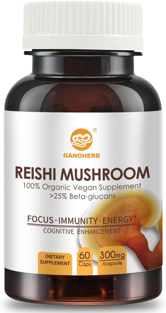 Reishi Houba Kapsle, Organic Advanced Superfood Dodatek s Reishi houba Powder 450mg, Reishi Shell- Broken Spores 270mg, Reishi Houba Extract 180mg pro dlouhověkost, imunitní zdraví