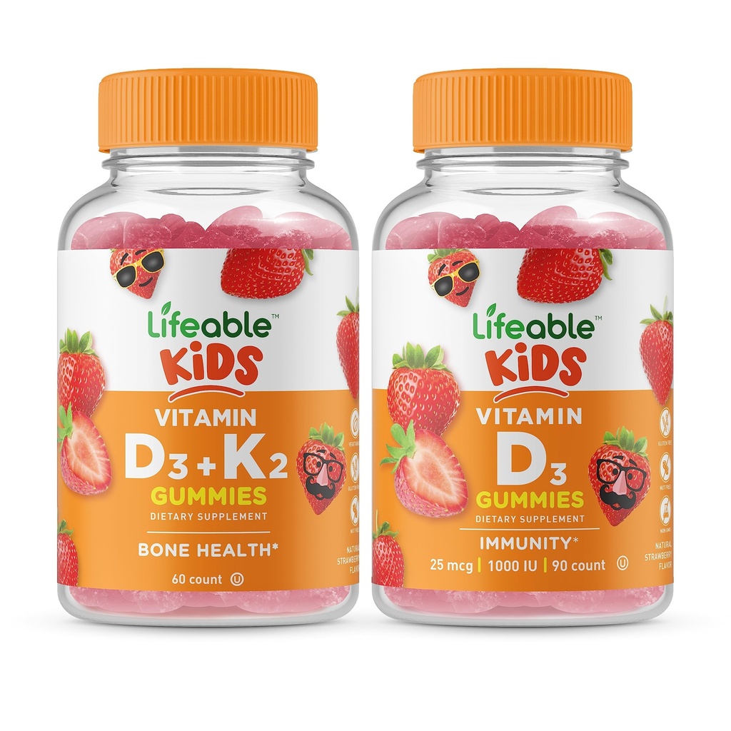 Živý vitamin D3 + Vitamin K2 Děti + Vitamin D Děti, Gummies Bundle - Velký Ochutnávka, Vitamin dodatek, Lepek zdarma, GMO zdarma, Žvýkací žlab