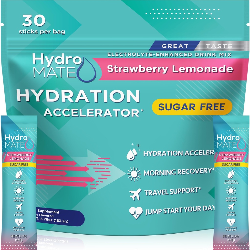 Electrolyte Powder Sugar- Free Hydration Packets Strawberry Lemonade Hydromate 30 Sticks