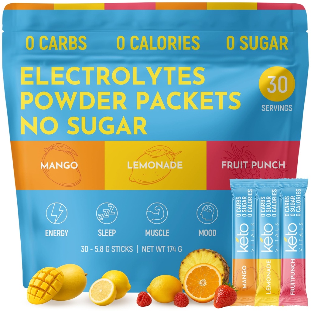 Keto Vitals Original Electrolytes Powder Packets CLAS124; Keto Friendly Electrolyte Hydration Packs CLAS124; Sugar Free Electrolytes CLAS124; Energy Drink Mix CLAS124; Zero Calorie Zero Carb (Original Aspartled, 30 Count)