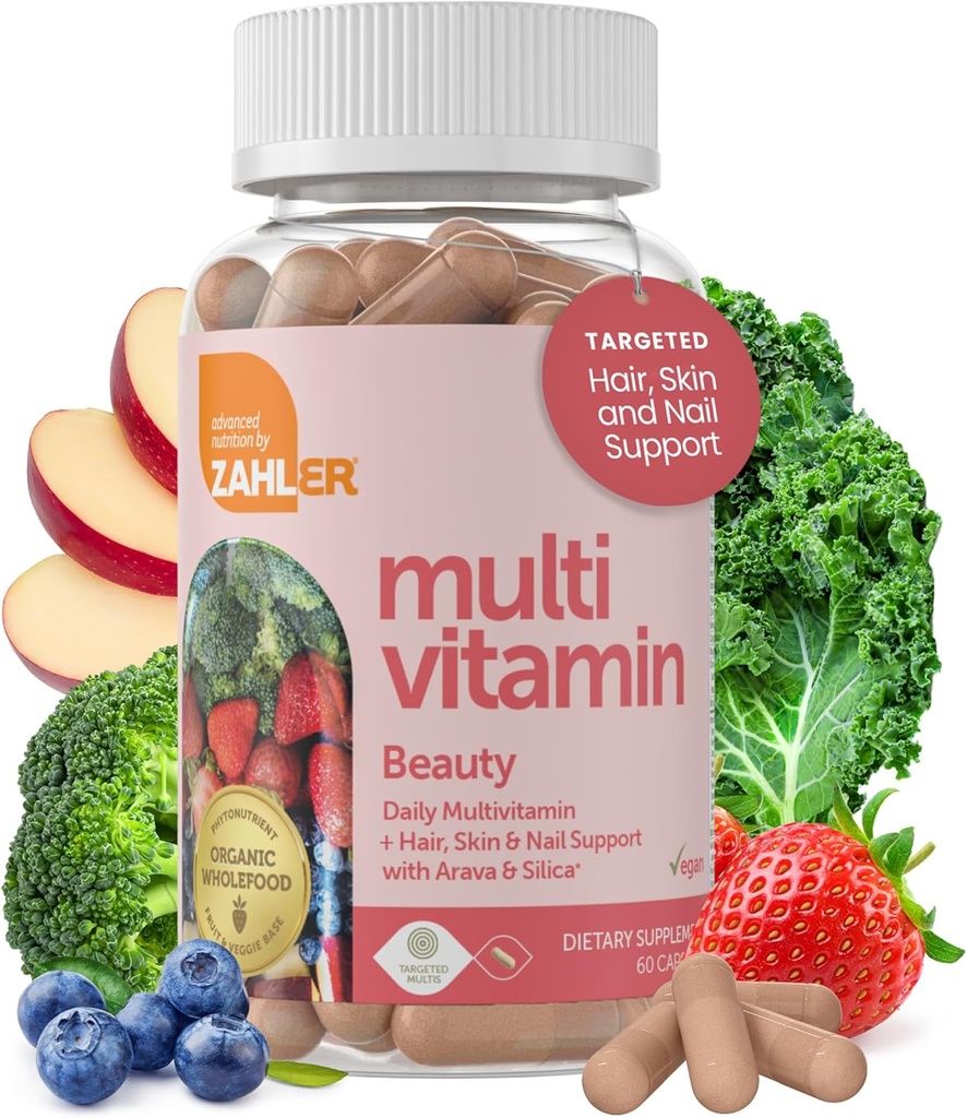 Zahler Multivitamin Beauty, Denní Multivitamin + Kožní vlasy a nehty podpora, pro ženy a muže se železem, Certified Kosher, 60 Kapsle